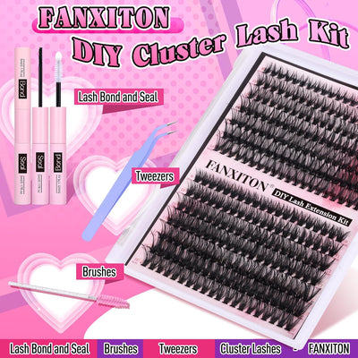 FANXITON DIY Lash Extension Kit Volume Lash Clusters 40D+50D D Curvature Individual Lashes Lash Clusters Kit Thick Eyelash Extension Kit 280 pcs Thin Band Cluster Lashes Lash Bond and Seal Tweezers