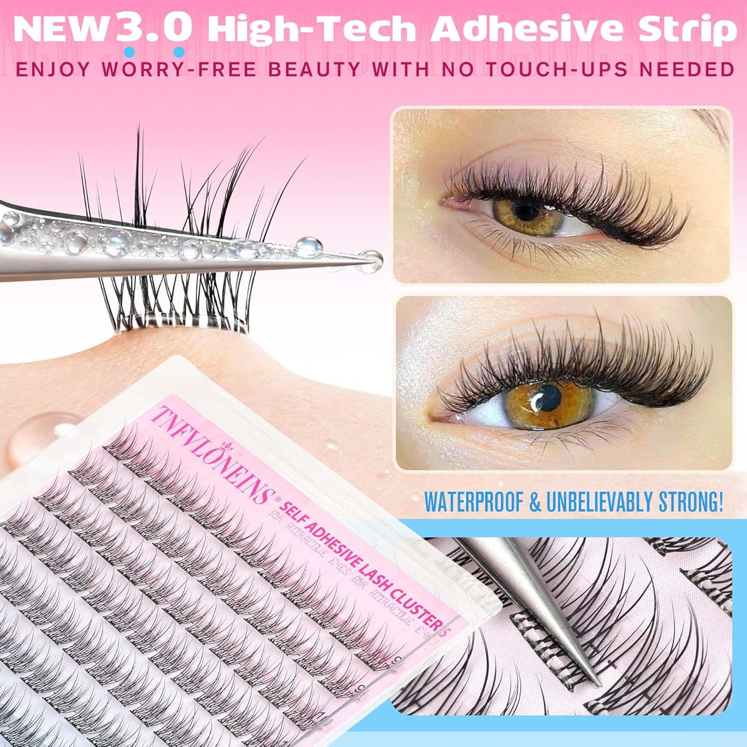 Self Adhesive Eyelashes Natural Self Adhesive Lash Clusters 9-12MM Wispy Eyelash Clusters No Glue Needed Cluster Eyelash Extensions Waterproof Pre glued Individual Lashes Extension by TNFVLONEINS