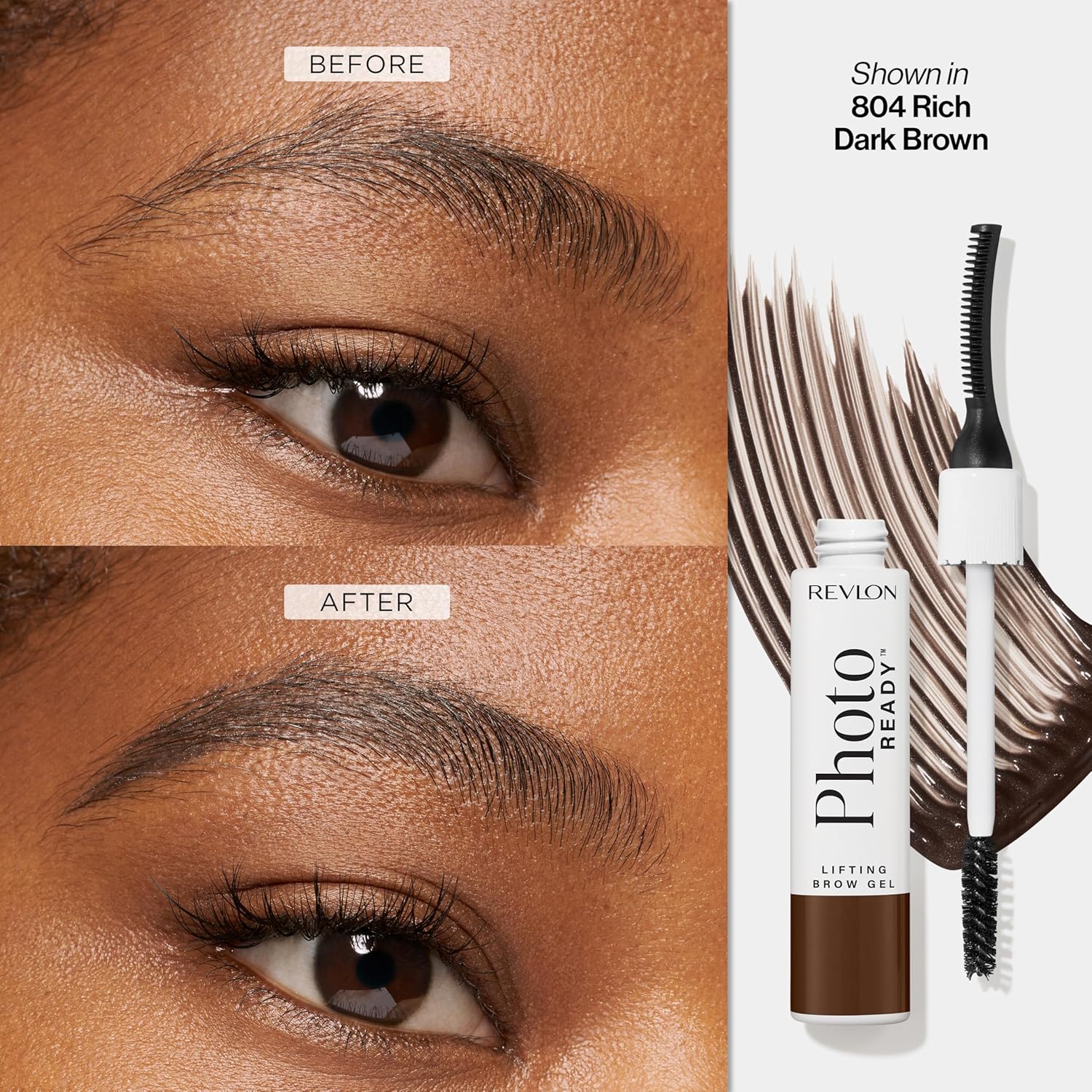 Revlon PhotoReady Lifting Brow Gel, Tinted Eyebrow Lamination with Spoolie Brush, Conditions, Shapes & Defines, 804 Rich Dark Brown, 0.23 fl oz