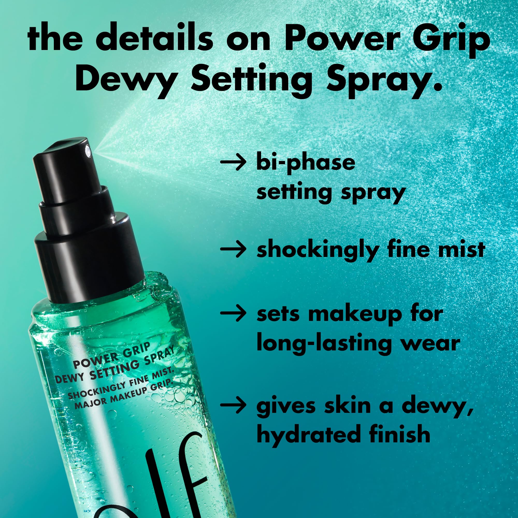 e.l.f. Power Grip Dewy Setting Spray, Hydrating Primer Sets & Grips Makeup for a Dewy Finish, Ultra Fine Mist with Hyaluronic Acid, Vegan & Cruelty-Free