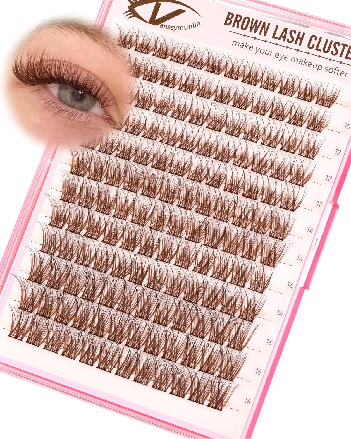 Brown Wispy Lash Clusters Kit Natural Eyelashes Clusters Kit Cluster Eyelash Extensions 10-16mm C Curl Cluster Lashes DIY Eyelash Clusters Waterproof Individual Lash Extension Kit with Brush