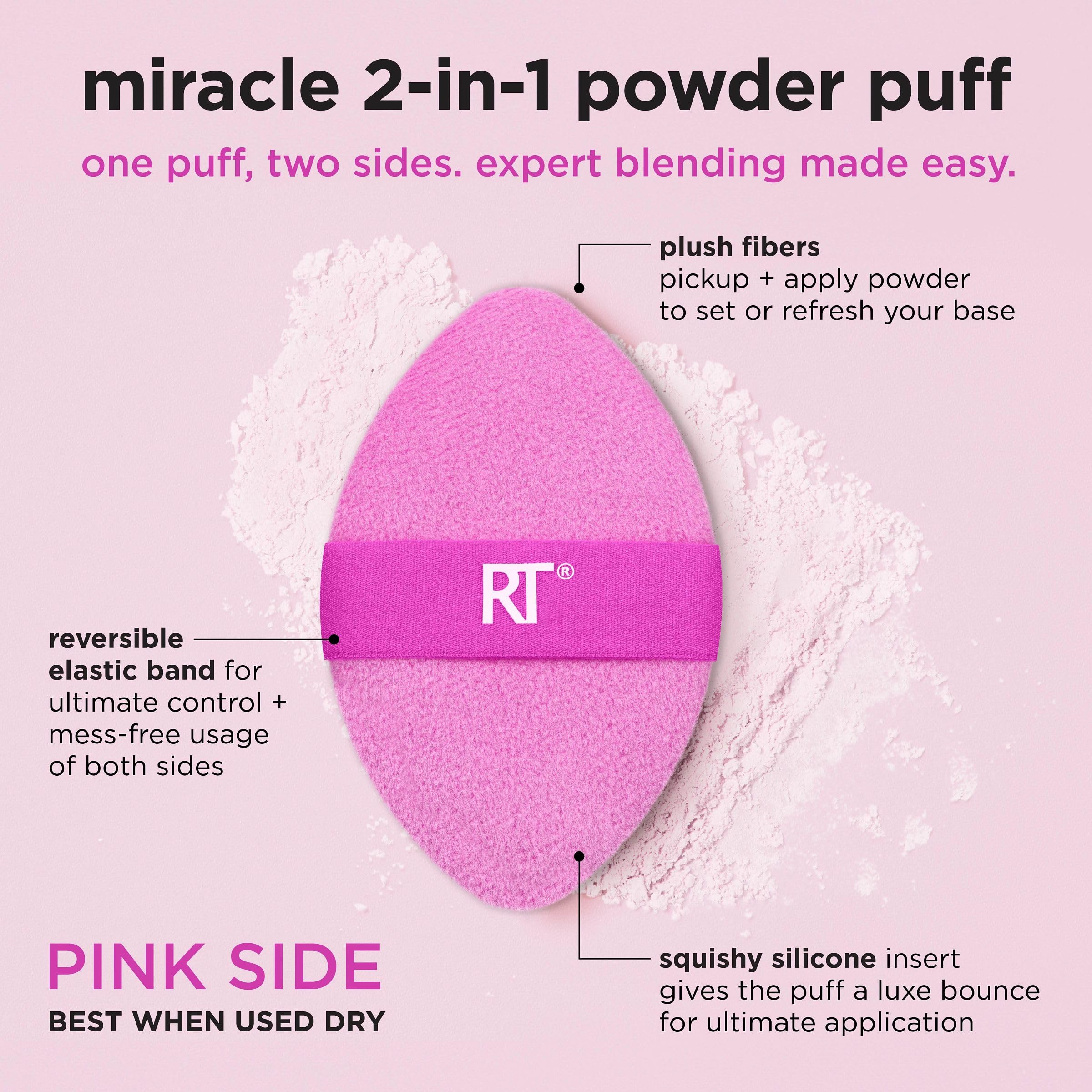 Real Techniques Miracle 2-In-1 Powder Puff 4 Pack, Dual-Sided, Full Size Makeup Blending Puff, Reversible Elastic Band, Makeup Sponge & Powder Puff, For Liquid, Cream & Powder Products, Cruelty-Free